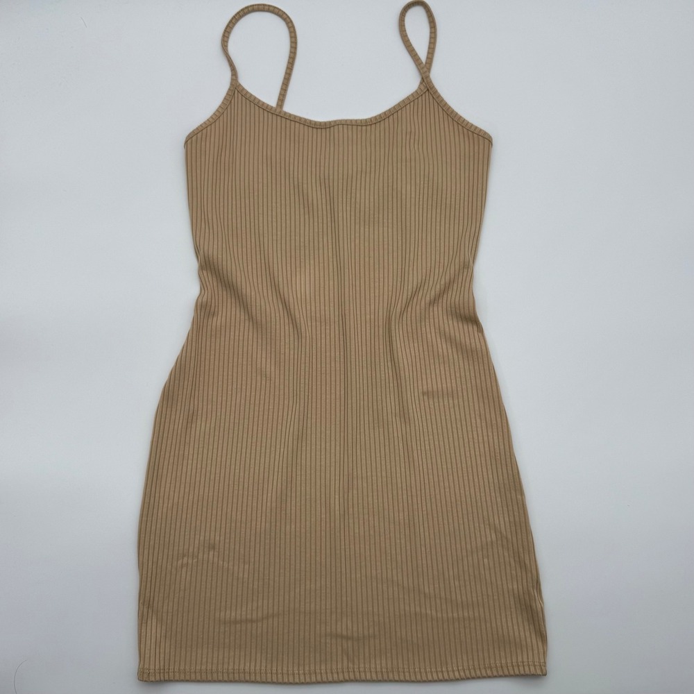 Urban‎ Outfitters Ribbed Mini Dress Tan Camel Spaghetti Strap Bodycon Womens L